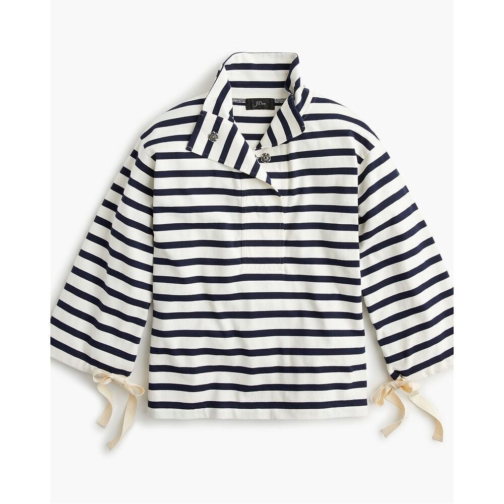 J. Crew Striped Snap-neck knit popover top navy white bow sleeve Size S